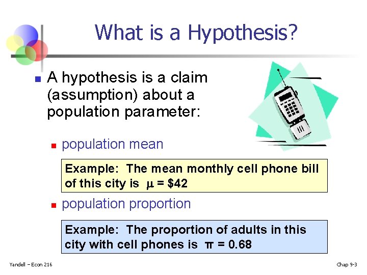 What is a Hypothesis? n A hypothesis is a claim (assumption) about a population