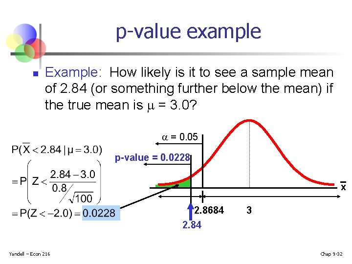 p-value example n Example: How likely is it to see a sample mean of