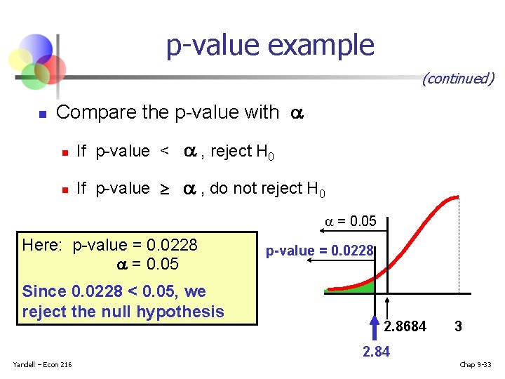 p-value example (continued) n Compare the p-value with n If p-value < , reject