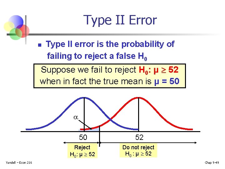 Type II Error n Type II error is the probability of failing to reject