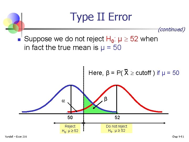 Type II Error (continued) n Suppose we do not reject H 0: μ 52