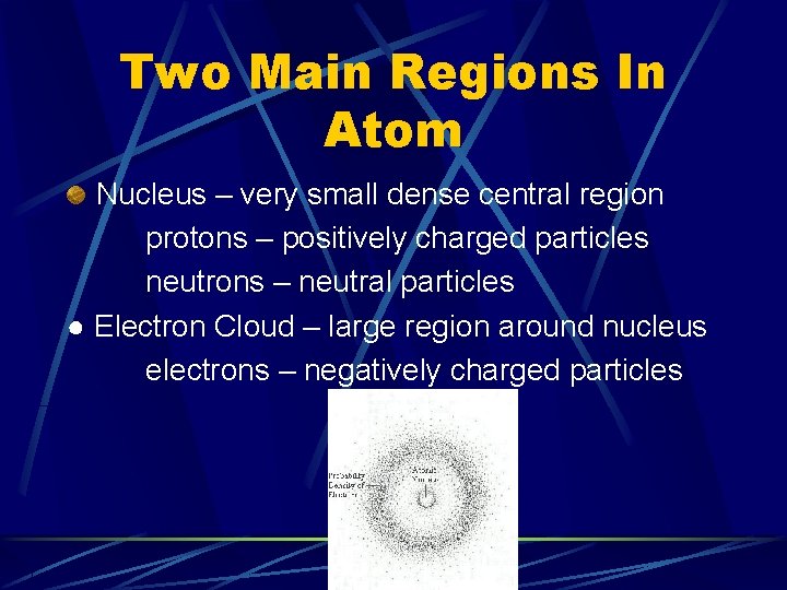 Two Main Regions In Atom Nucleus – very small dense central region protons –