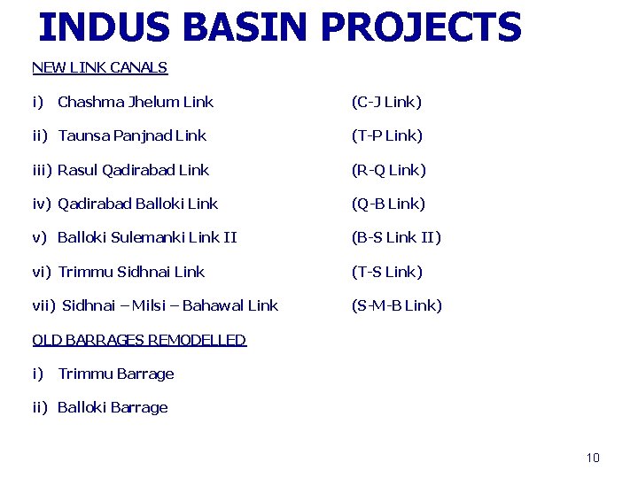 INDUS BASIN PROJECTS NEW LINK CANALS i) Chashma Jhelum Link (C-J Link) ii) Taunsa