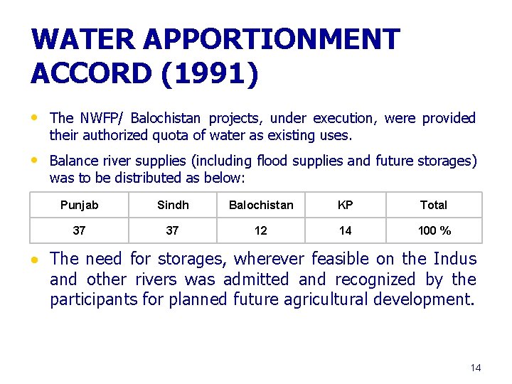 WATER APPORTIONMENT ACCORD (1991) • The NWFP/ Balochistan projects, under execution, were provided their