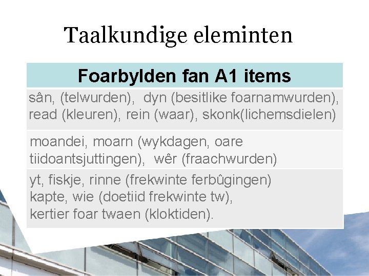 Taalkundige eleminten Foarbylden fan A 1 items sân, (telwurden), dyn (besitlike foarnamwurden), read (kleuren),