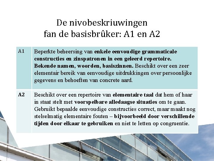 De nivobeskriuwingen fan de basisbrûker: A 1 en A 2 A 1 Beperkte beheersing