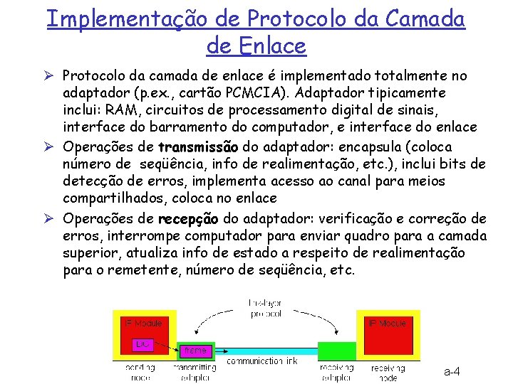 Implementação de Protocolo da Camada de Enlace Ø Protocolo da camada de enlace é