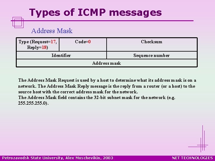 Types of ICMP messages Address Mask Type (Request=17, Reply=18) Code=0 Checksum Identifier Sequence number