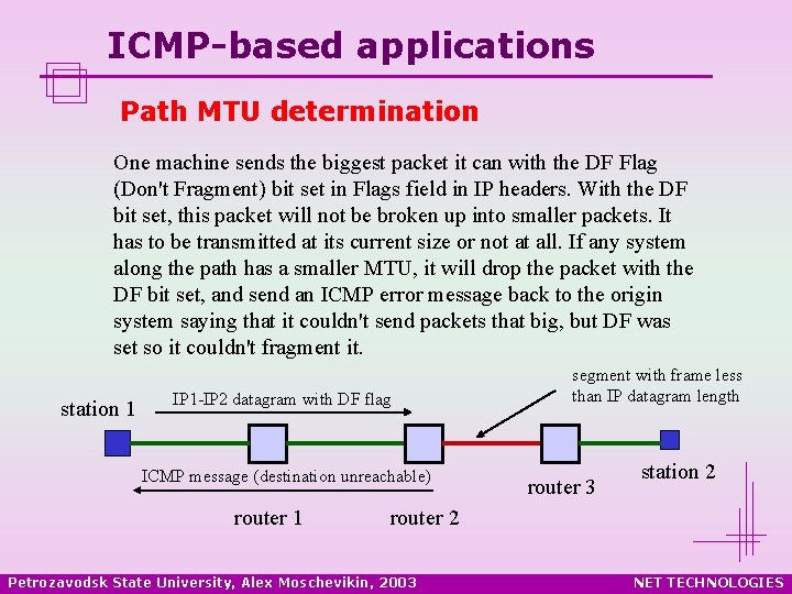ICMP-based applications Path MTU determination One machine sends the biggest packet it can with