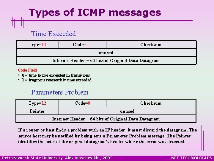 Types of ICMP messages Time Exceeded Type=11 Code=. . . Checksum unused Internet Header