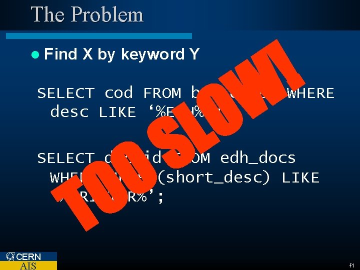 The Problem l Find ! W O L X by keyword Y SELECT cod