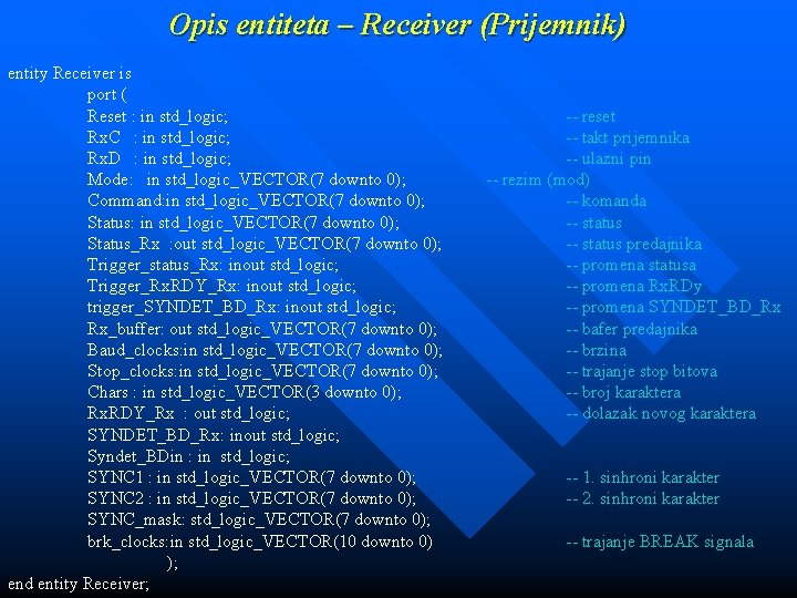 Opis entiteta – Receiver (Prijemnik) entity Receiver is port ( Reset : in std_logic;