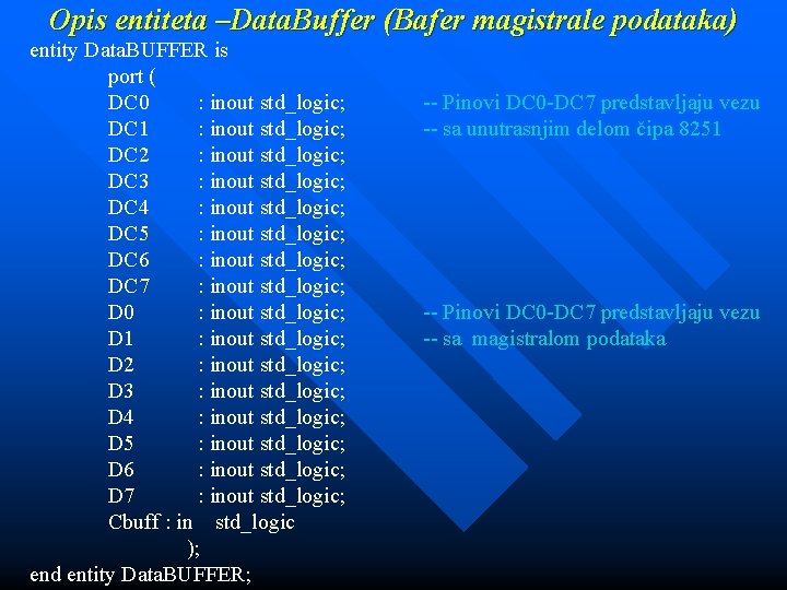 Opis entiteta –Data. Buffer (Bafer magistrale podataka) entity Data. BUFFER is port ( DC Opis entiteta –Data. Buffer (Bafer magistrale podataka) entity Data. BUFFER is port ( DC