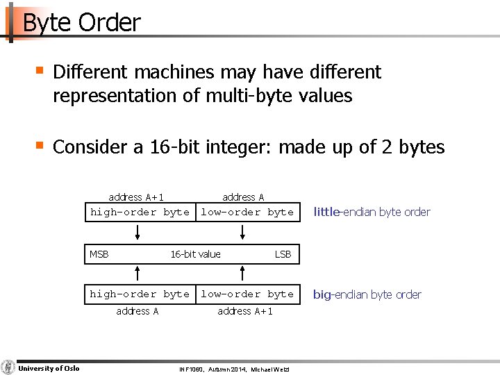 Byte Order § Different machines may have different representation of multi-byte values § Consider