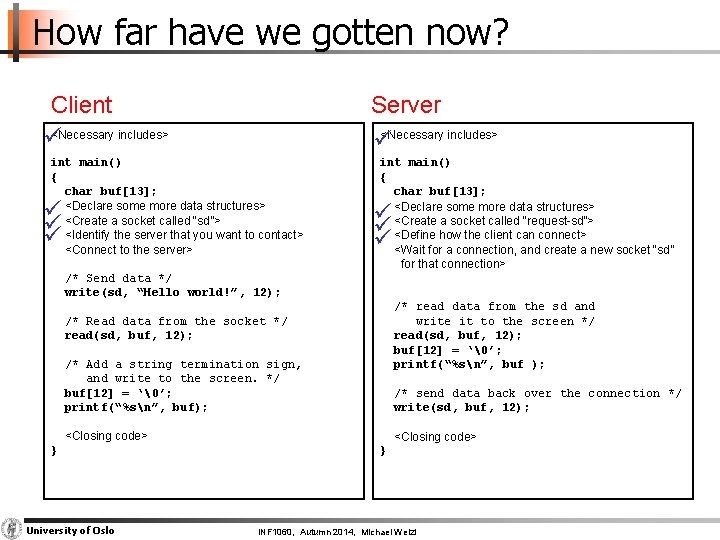 How far have we gotten now? Client <Necessary includes> Server <Necessary includes> int main()