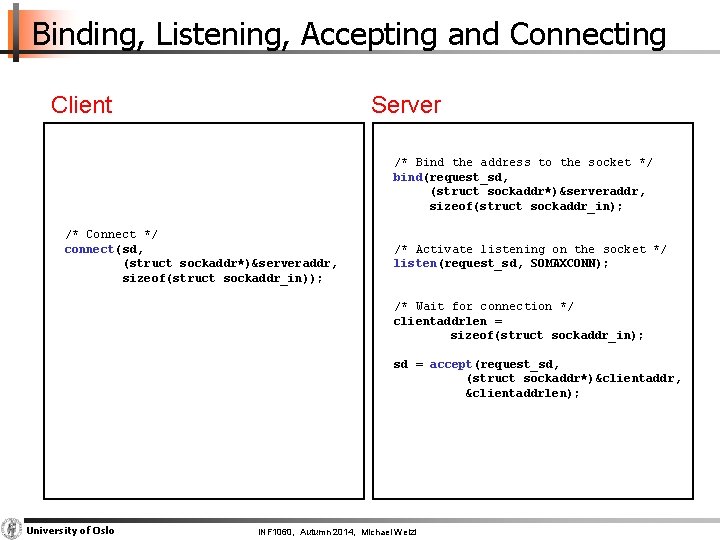 Binding, Listening, Accepting and Connecting Client Server /* Bind the address to the socket