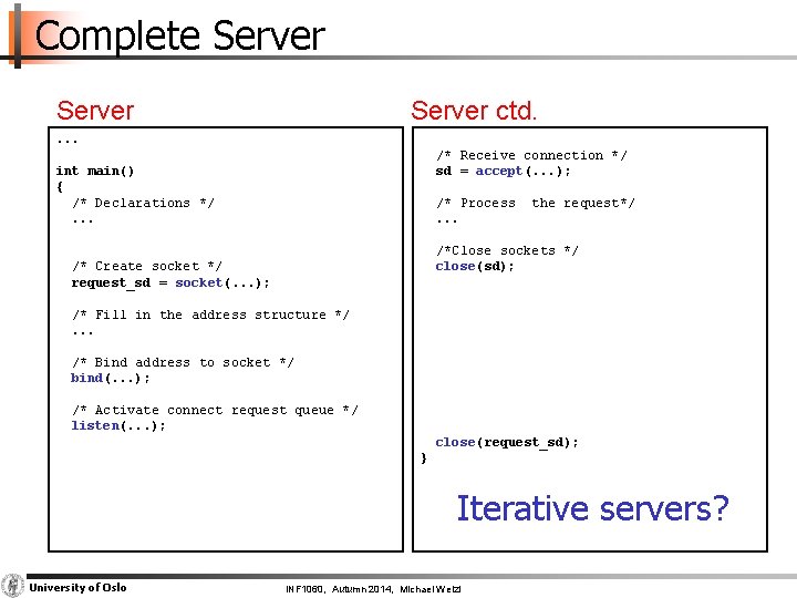 Complete Server ctd. . /* Receive connection */ sd = accept(. . . );