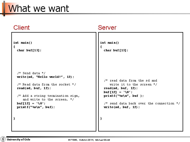What we want Client Server <necessary includes> int main() { char buf[13]; <Declare some