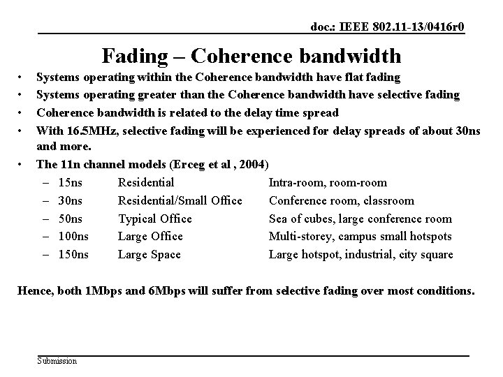 doc. : IEEE 802. 11 -13/0416 r 0 Fading – Coherence bandwidth • •