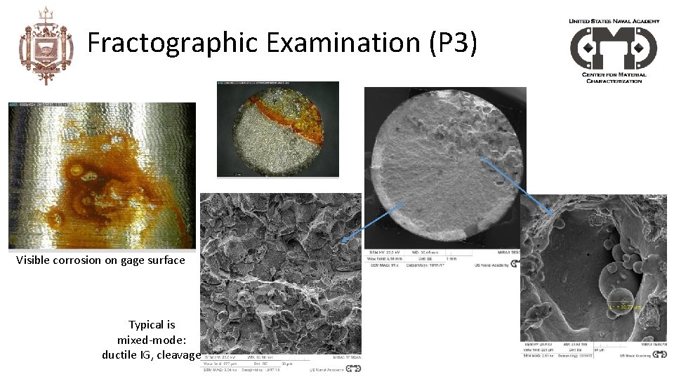 Fractographic Examination (P 3) Visible corrosion on gage surface Typical is mixed-mode: ductile IG,