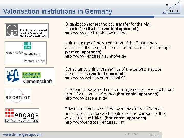 Valorisation institutions in Germany Garching Innovation Gmb. H Technologien aus der Max-Planck-Gesellschaft Organization for