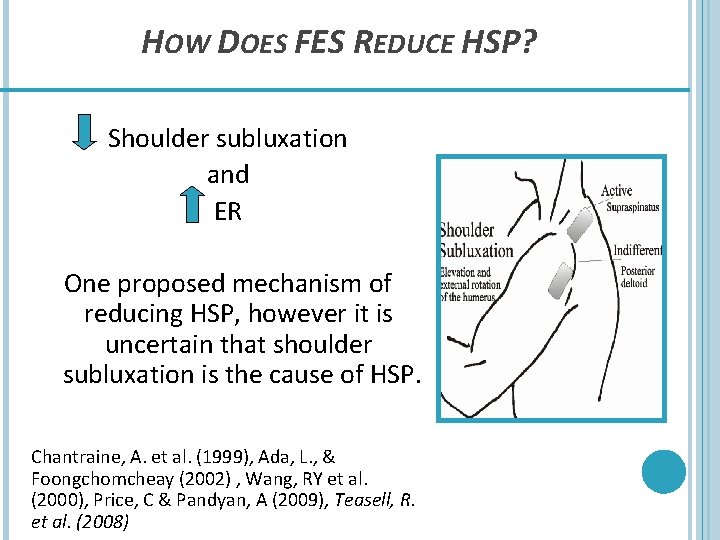 HOW DOES FES REDUCE HSP? Shoulder subluxation and ER One proposed mechanism of reducing