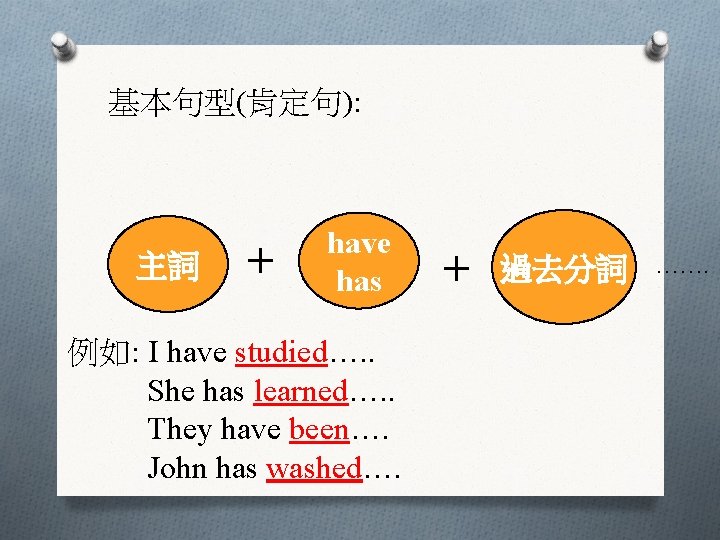 基本句型(肯定句): 主詞 + have has 例如: I have studied…. . She has learned…. .