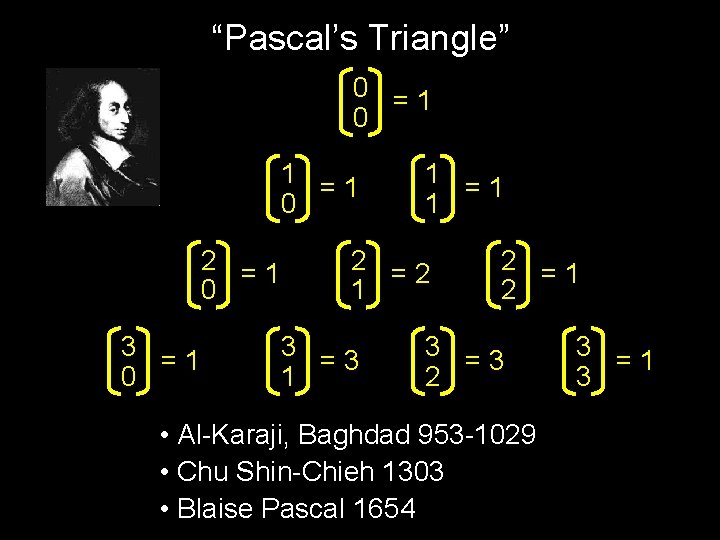 “Pascal’s Triangle” 0 =1 0 1 =1 0 2 =1 0 3 =1 0