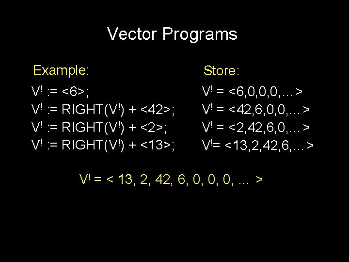 Vector Programs Example: Store: V! : = <6>; V! : = RIGHT(V!) + <42>;