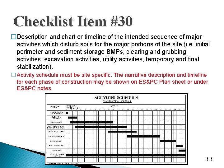 Checklist Item #30 �Description and chart or timeline of the intended sequence of major