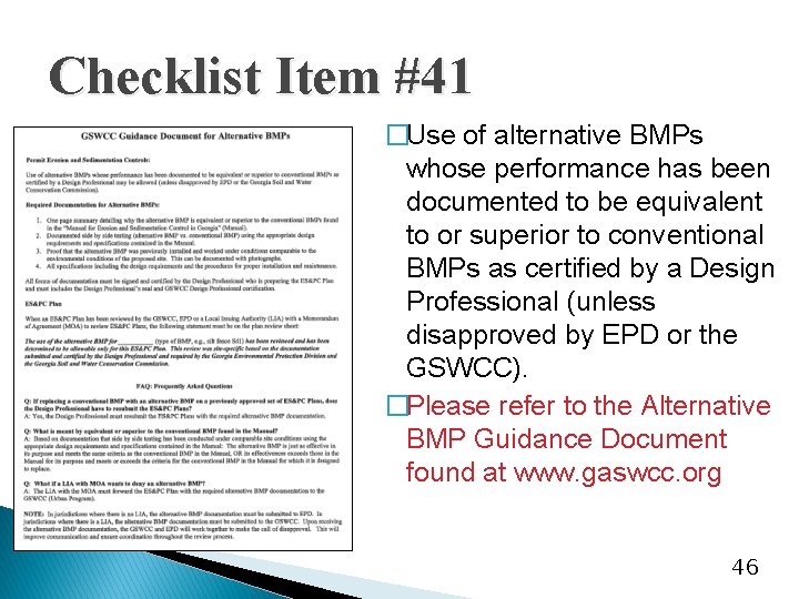 Checklist Item #41 �Use of alternative BMPs whose performance has been documented to be