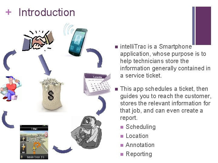 + Introduction n intelli. Trac is a Smartphone application, whose purpose is to help