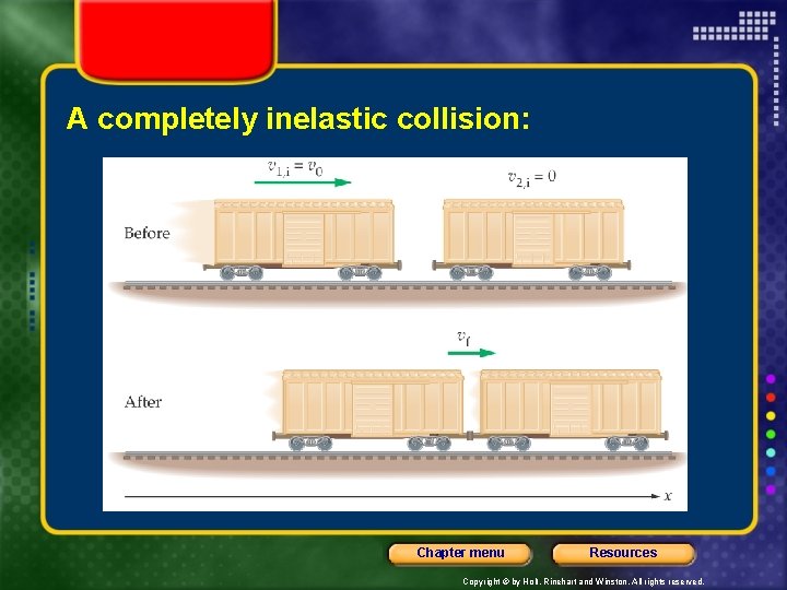 A completely inelastic collision: Chapter menu Resources Copyright © by Holt, Rinehart and Winston.