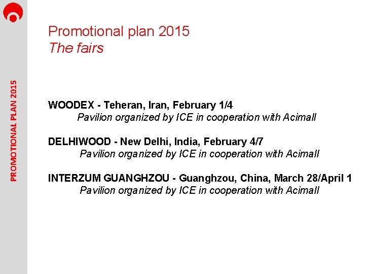 PROMOTIONAL PLAN 2015 Promotional plan 2015 The fairs WOODEX - Teheran, Iran, February 1/4