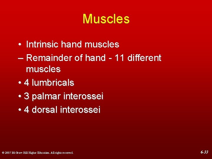 Muscles • Intrinsic hand muscles – Remainder of hand - 11 different muscles •