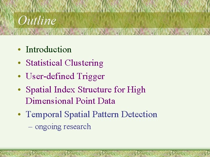 Outline • • Introduction Statistical Clustering User-defined Trigger Spatial Index Structure for High Dimensional