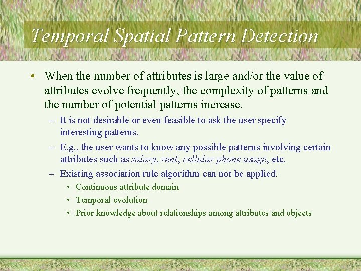 Temporal Spatial Pattern Detection • When the number of attributes is large and/or the