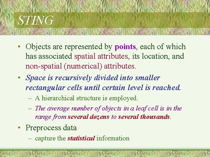 STING • Objects are represented by points, each of which has associated spatial attributes,