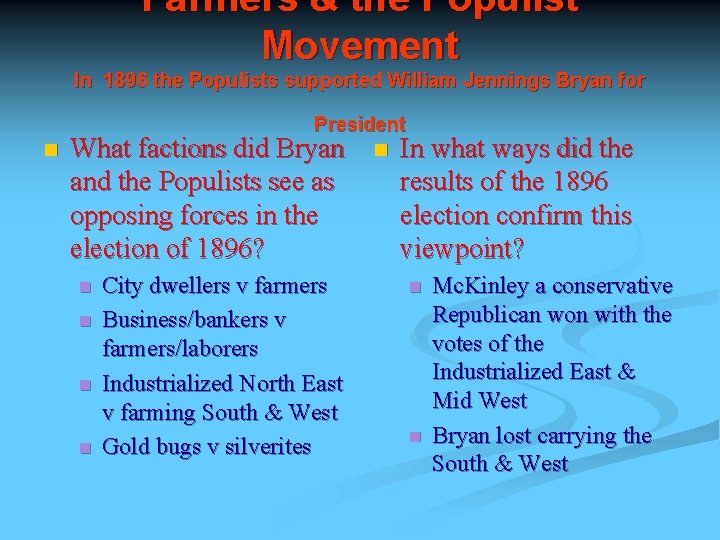 Farmers & the Populist Movement In 1896 the Populists supported William Jennings Bryan for