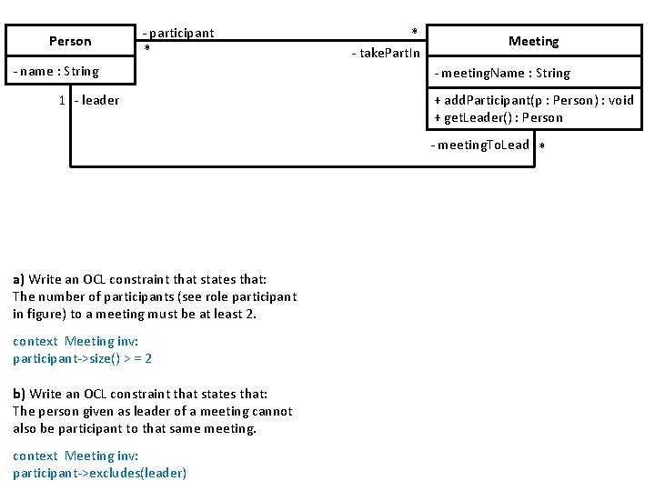 Person - participant * - name : String 1 - leader * - take.