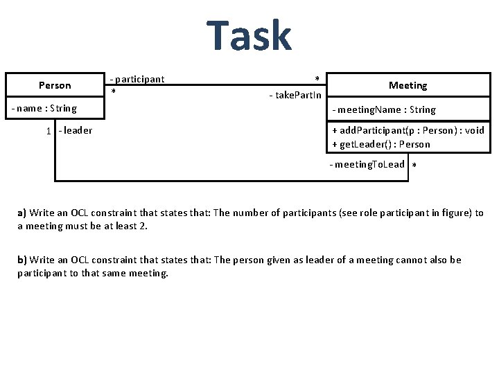 Task Person - name : String 1 - leader - participant * * -