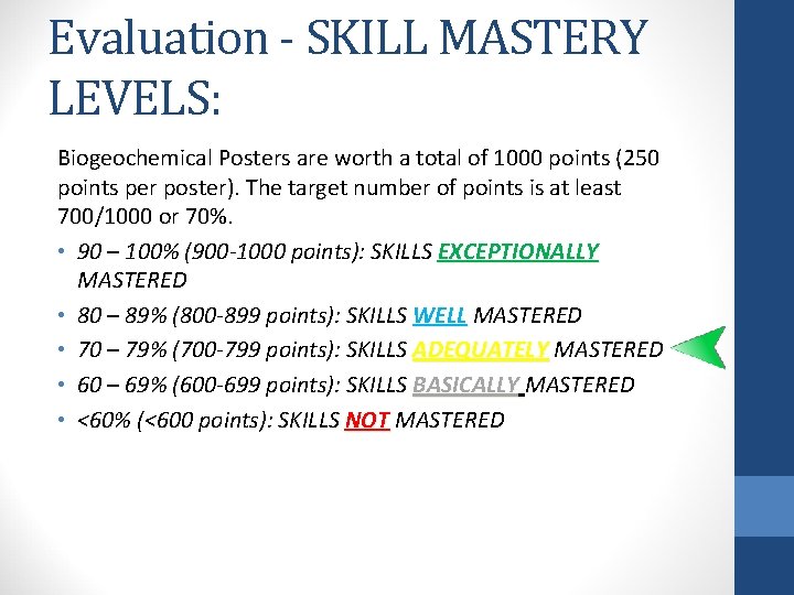 Evaluation - SKILL MASTERY LEVELS: Biogeochemical Posters are worth a total of 1000 points