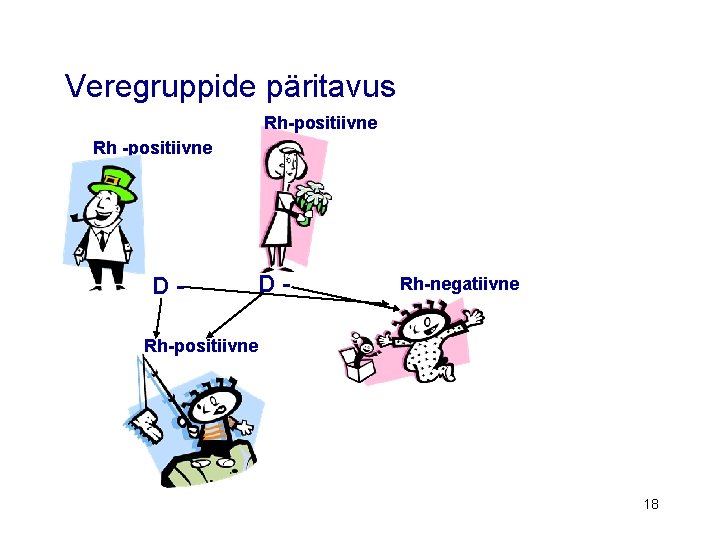 Veregruppide päritavus Rh-positiivne Rh -positiivne D- D- Rh-negatiivne Rh-positiivne 18 