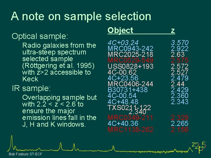 A note on sample selection Optical sample: Radio galaxies from the ultra-steep spectrum selected