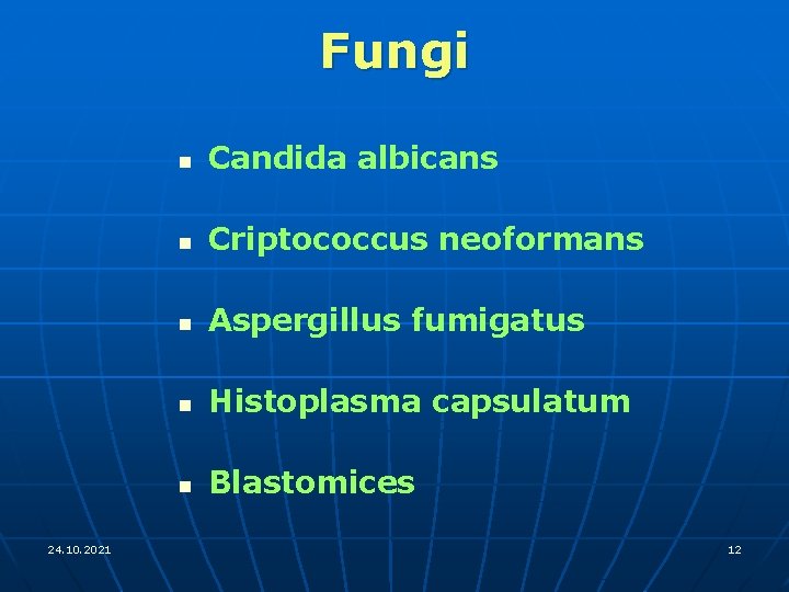 Fungi 24. 10. 2021 n Candida albicans n Criptococcus neoformans n Aspergillus fumigatus n