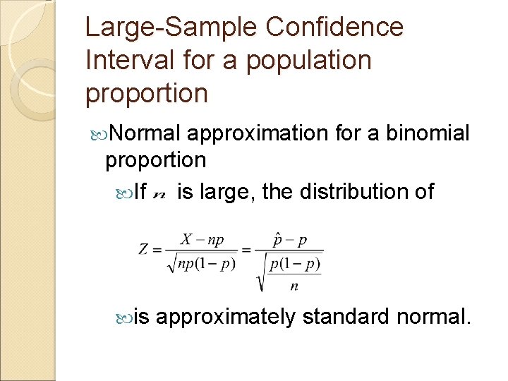 Large-Sample Confidence Interval for a population proportion Normal approximation for a binomial proportion If