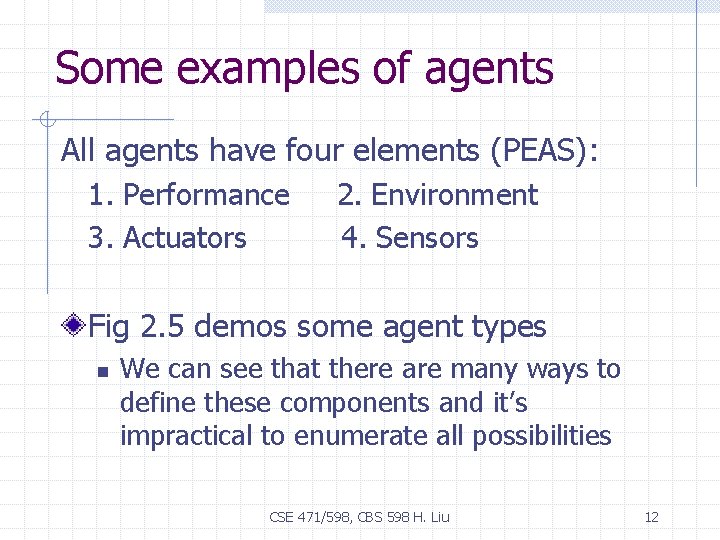 Some examples of agents All agents have four elements (PEAS): 1. Performance 3. Actuators