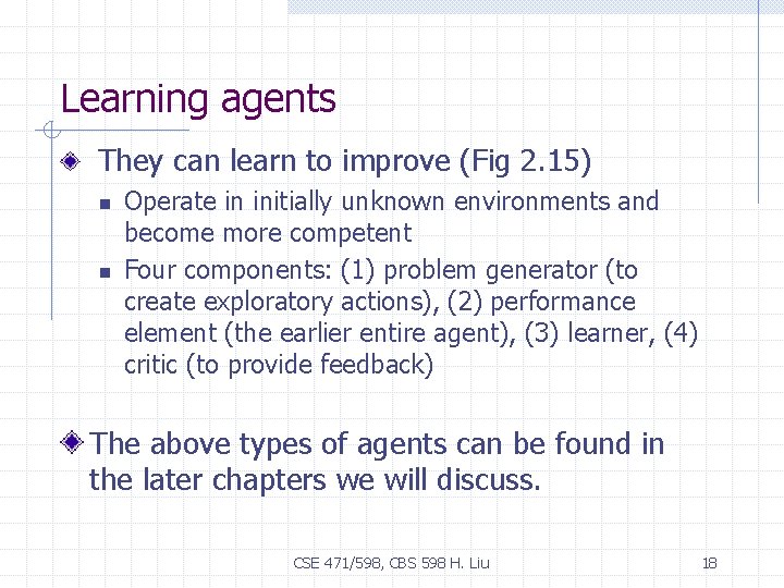 Learning agents They can learn to improve (Fig 2. 15) n n Operate in