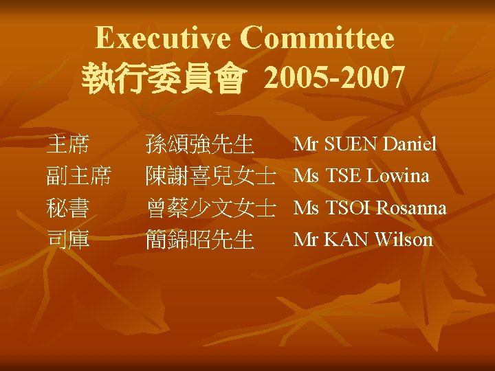Executive Committee 執行委員會 2005 -2007 主席 副主席 秘書 司庫 孫頌強先生 陳謝喜兒女士 曾蔡少文女士 簡錦昭先生 Mr