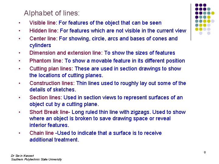 Alphabet of lines: • • • Visible line: For features of the object that